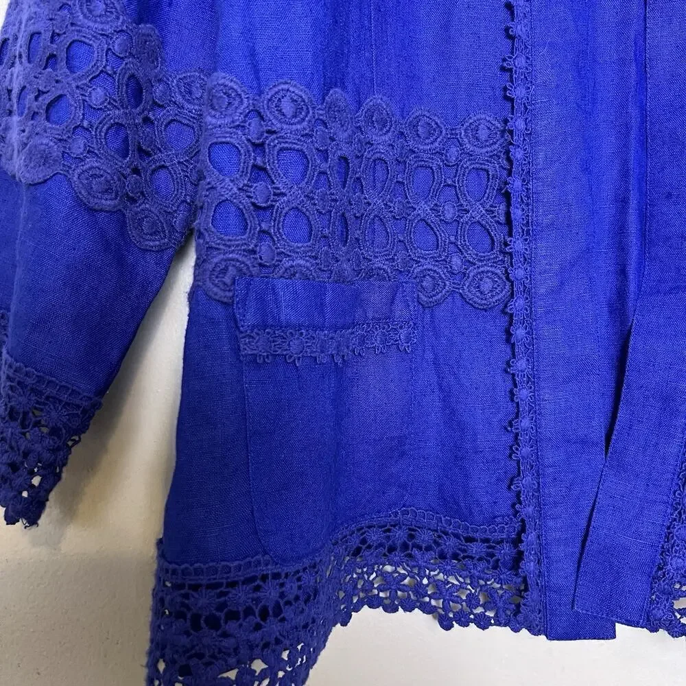 Chico's Women's Linen Lace Embroidered Open Front Blouse Sz L Blue Bright Boho